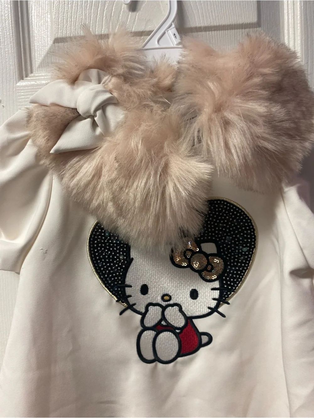 Hello Kitty Removable Faux Fur Collar Dress - Cream with Black & Red Accents
